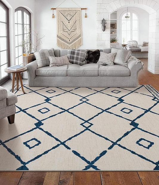 YIHOUSE Boho Rugs for Living Room, 8x10 Western Beige and Blue Area Rug, Moroccan Geometric Soft Low-Pile Washable Rugs for Bedroom, Dining Room
