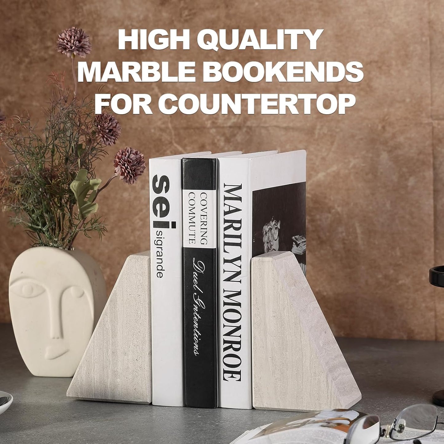 Marble Book Ends for Heavy Books, Decorative Bookends for Shelves, Durable and Heavy-Duty Bookends for Hardback Book & CDS, Off-White Unique Books Stopper & Holder, Set of 2