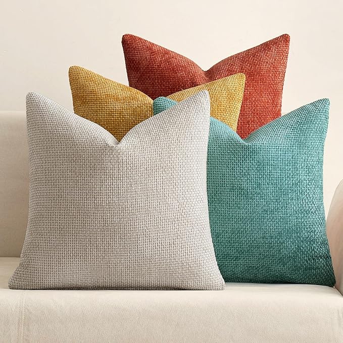 MIULEE Pack of 4 Couch Throw Pillow Covers 18x18 Inch Neutral Orange/Teal Soft Decorative Chenille Pillow Covers Farmhouse Accent Cushion Covers for Boho Fall Home Decor Sofa Bedroom Living Room