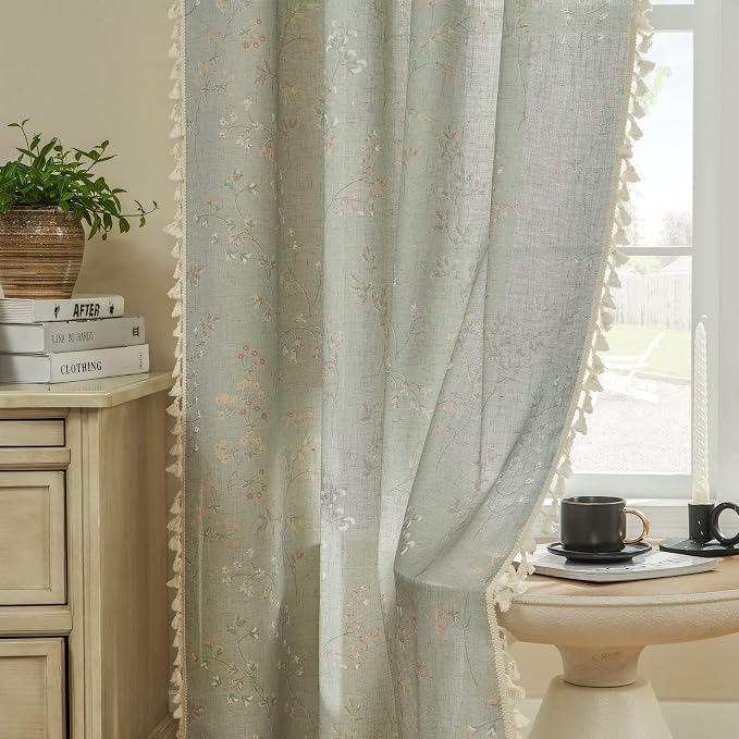 Joydeco Blue Floral Boho Curtains 96 Inches Long 2 Panels, Super Soft Bohemian Farmhouse Curtains with Tassels, Semi Sheer Light Filtering Drapes for Bedroom Living Room (Rod Pocket, 52Wx96L)