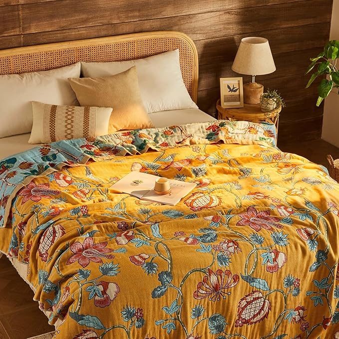 Boho Blanket Soft Muslin Boho Throw Blanket 100% Cotton Blanket All Seasons Reversible Rustic Floral Printed Vintage Rustic Farmhouse Decor Throw for Sofa Couch Chair (Yellow, 60"x80")