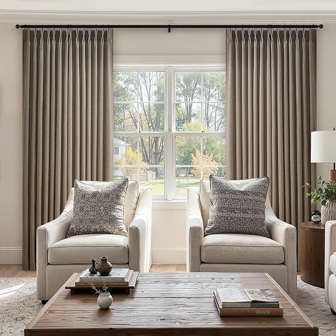 96 Inches Long Pinch Pleated Semi Sheer Curtains,Dark Flax Blended Light Filtering Window Curtains 96 Length for Living Room Bedroom Pinch Pleat Drapes with Hooks 2 Panels 72" Wx96 L