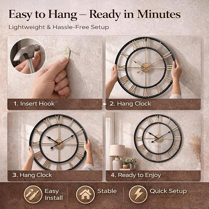 Pytha Sight 24 Inch Large Oversized Farmhouse Modern Decorative Wall Clock for Living Room,Industrial Big Vintage Gold Roman Numerals Metal Round Wall Clocks for Kitchen,Dining Room,Office