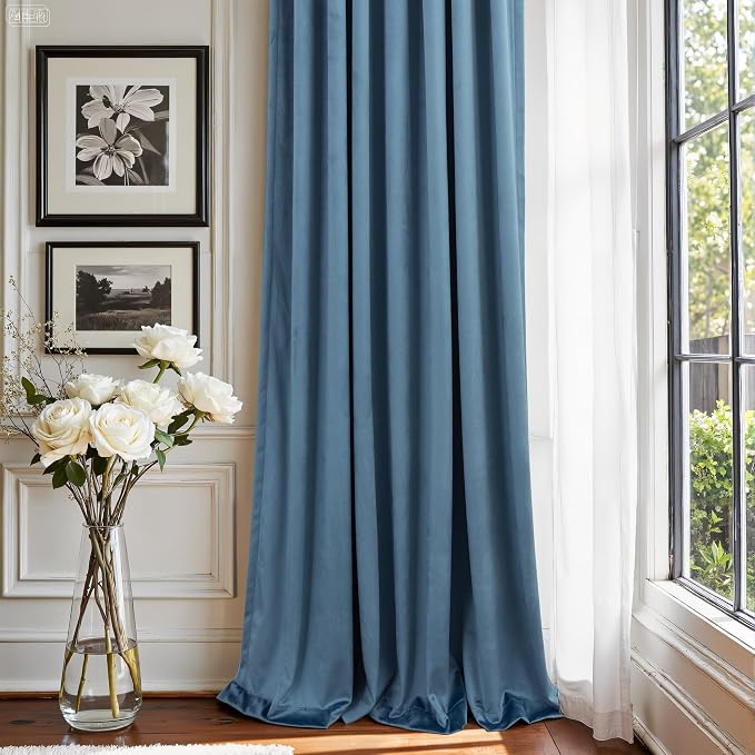 Dusty Blue Velvet Curtains 96 Inches Long 2 Panel Darkening Thermal Insulated Ceiling to Floor Length Drapes Vintage Victorian French Country Blue Grey Curtain for Bedroom Living Room Divider Greyish