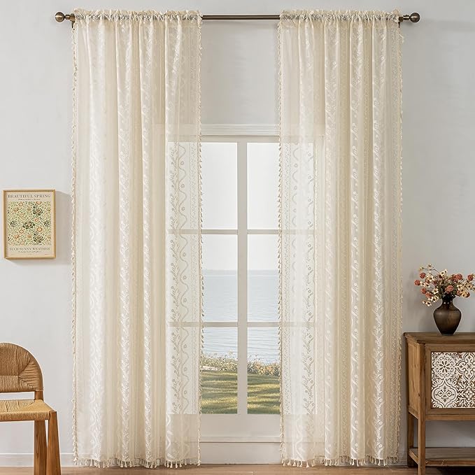 WAZZIO Boho Lace Curtains 2 Panels 102 Inches -Cute Vintage Victorian Sheer Panel Drape French Country Floral Pattern & Tassel Light Filtering Privacy for Bedroom Dining Living Room,Beige,W52x L102