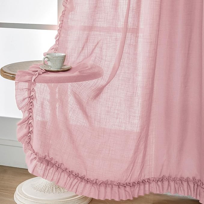 Blush Pink Curtains 96 Inches Long, 2 Panels, Each W47 x L96 Inch, Romantic French Country Linen Ruffle Curtains for Living Room, Rod Pocket Privacy Semi-Sheer Feminine Flowy Curtain Window Drapes