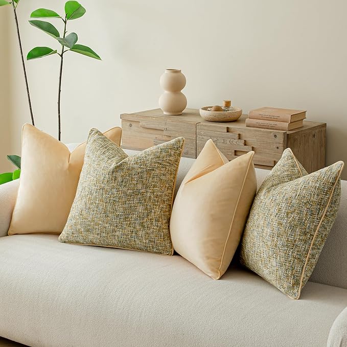a moment Yellow 4 Pack Throw Pillow Covers - Chenille & Velvet Set with Piping, Farmhouse Textured Design Pillow Cases for Couch Sofa Bed Livingroom (22x22 Inch, No Insert)