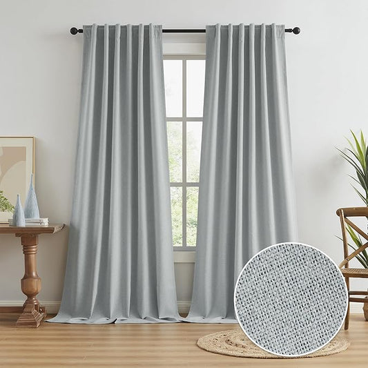 100% Blackout Linen Curtains, Full Shade Complete Light Blocking Drapes 108 Inches Long, Textured Thermal Insulated Black Out Pleated Curtains Back Tab Hook Belt(Light Grey, W50 x L108,2 Panels)