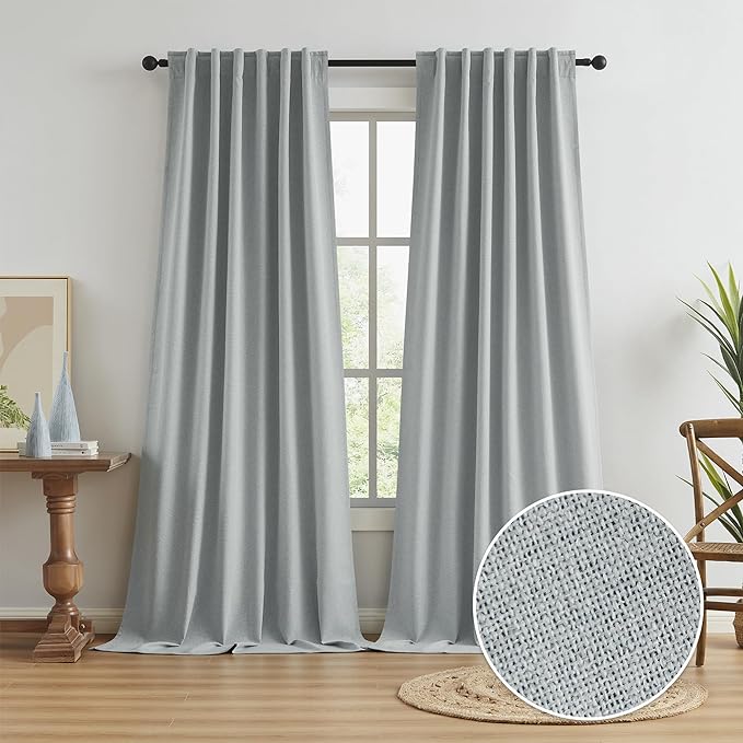 KEQIAOSUOCAI Light Grey Linen Curtains for Patio 120 Inch Length, Sun Blocking Full Blackout Curtain Drapes for High Ceiling Sliding Glass Door Sunroom Back Tab/Hook Belt 50x120-inch 2 PCs
