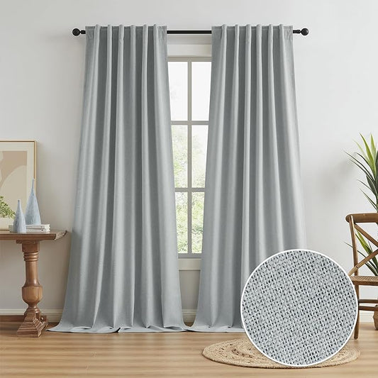 KEQIAOSUOCAI Light Grey Linen Curtains for Patio 120 Inch Length, Sun Blocking Full Blackout Curtain Drapes for High Ceiling Sliding Glass Door Sunroom Back Tab/Hook Belt 50x120-inch 2 PCs