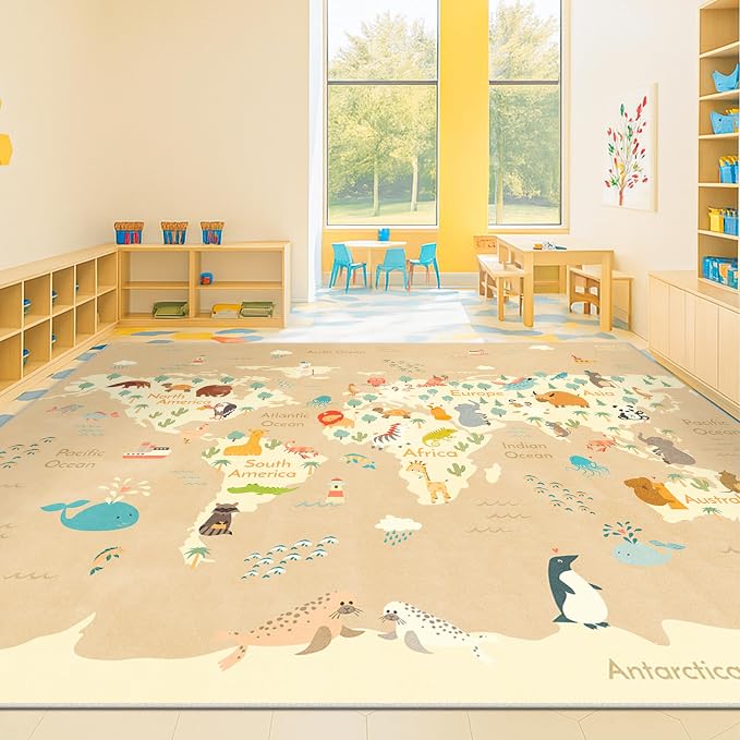 Hazo Haus Large Kids Rugs for Classroom - 6x9 Kids Room Rug with Animal & Educational World Map Area Rug - Washable, Non-Slip, Stain Resistant, Soft & Safe for Child, Playroom Essentials - Soft Beige