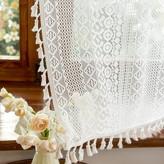 Sutuo Home White Boho Lace Kitchen Curtains 54 inches Long, Cottagecore Semi Sheer Privacy Crochet Vintage Tassels Bohemian Window Cream Curtains Drape for Nursery Decor Rod Pocket, 2 Panels 50" W