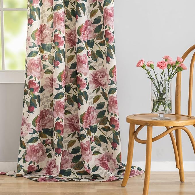 ALIGOGO Pink Floral Curtains 96 Inches Long Vintage Linen Curtains for Living Room Cottage Core Light Filtering Counrty Farmhouse Aesthetic Decor Grommet 2 Panels 50" W x 96" L, Pink