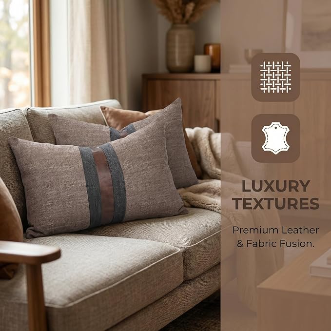 Set of 2 Leather Throw Pillow Covers Lumbar Cotton Linen Decor Patchwork Pillow Cover Faux Leather Pillows Cover for Couch Sofa Living Room Bedroom,Coffee 12"x20"