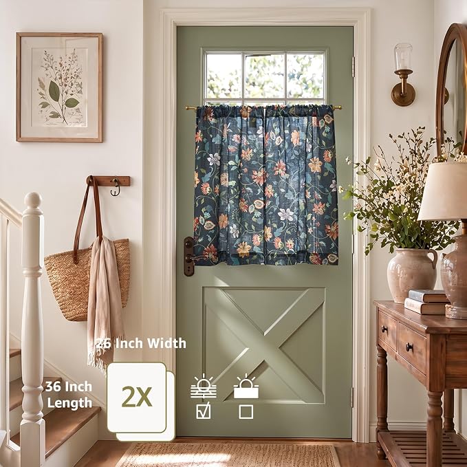 jinchan Hattie Floral Linen Kitchen Curtains 36 Inch Length Vintage Cottage Core Farmhouse Cafe Curtains Light Filtering Small Window Drapes for Living Room Bathroom Rod Pocket 2 Panels Dark Blue