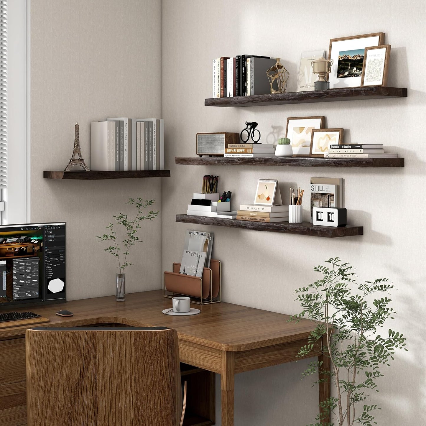 Axeman 72 inch Extra Long Floating Shelves for Wall - 8'' D Live Edge Rustic Solid Elm Wood Floating Shelves Wall Mounted, Wall Shelves with Invisible Bracket for Living Room Bedroom Kitchen, Walnut