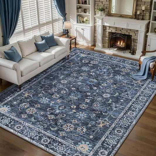 Tangsoo 7x9 Large Area Rug for Living Room, Non Slip Machine Washable Rug for Bedroom, Boho Distressed Vintage Blue Floral Rugs, Soft Indoor Floor Carpet Mat for Office Kitchen Farmhouse Home Decor