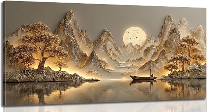 3D Texture Large Landscape Sunrises Sunset Canvas Wall Art Abstract Mountains Lake Tree Painting Picture Wall Decor Modern Nature Scenery Poster Print Artwork for Living Room Office Home Decoration