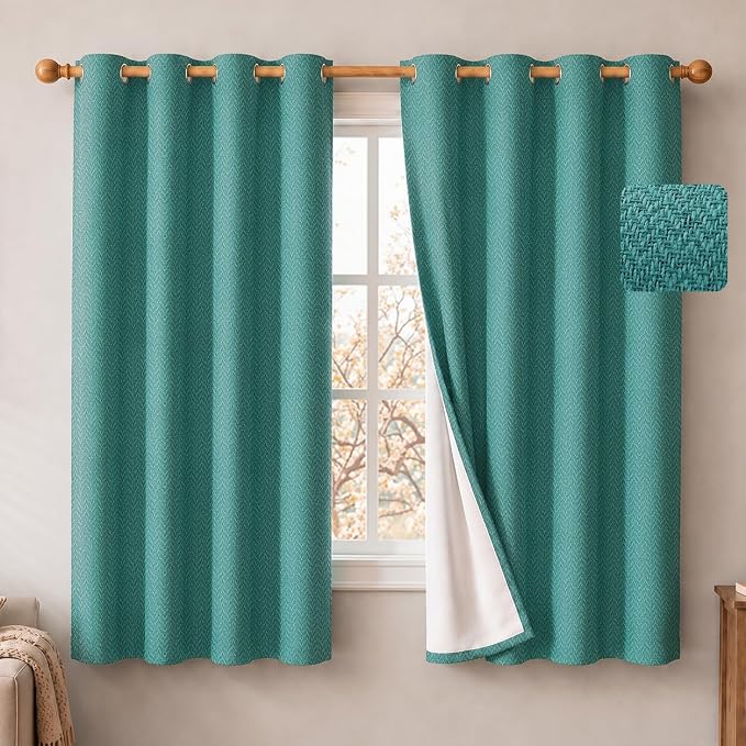 2 Panels 100% Blackout Linen-Textured Curtains, Thick Thermal Insulated Grommet Drapes with Subtle Herringbone Weave, Luxury Decor for Bedroom/Living Room, 54 x 54 Inches, Teal