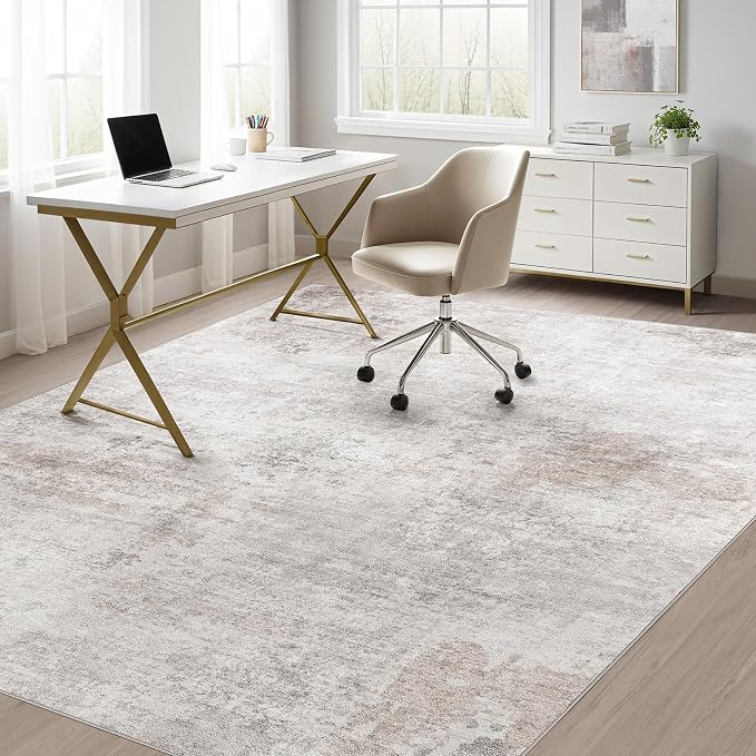 Abstract 6x9 Area Rug: Machine Washable Non Slip Ultra Thin Low-Pile Carpet, Soft Stain Resistant for Living Room Bedroom Nursery, Kid Pet Friendly, Robot Vacuum Compatible - Brown Grey