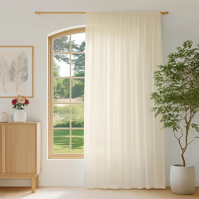 FMFUNCTEX Sheer Non-See-Through Butter Cream Curtains for Bedroom, Sliding Door Curtains 108 Inches Long Window Curtain Drapes for Living Room, Patio Glass Door Extra Wide Curtain, Rod Pocket 1 Panel