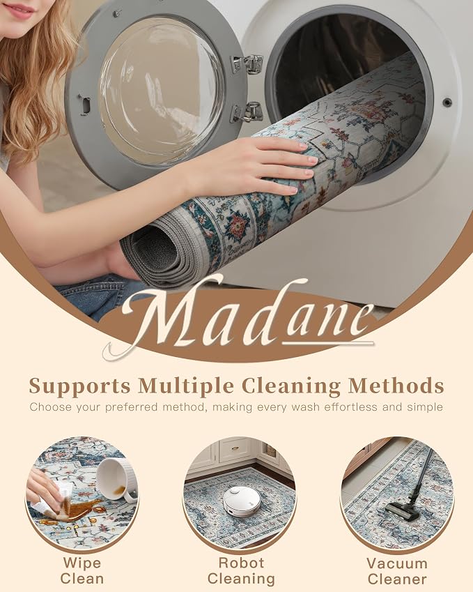 Madane Washable Runner Rug - 2x6 Rug Runners for Hallways 6 Feet Non Slip Vintage Kitchen Runner Rug Ultra-Thin Bathroom Runner Rugs Carpet Laundry Room Bedroom (2x6ft, Blue)