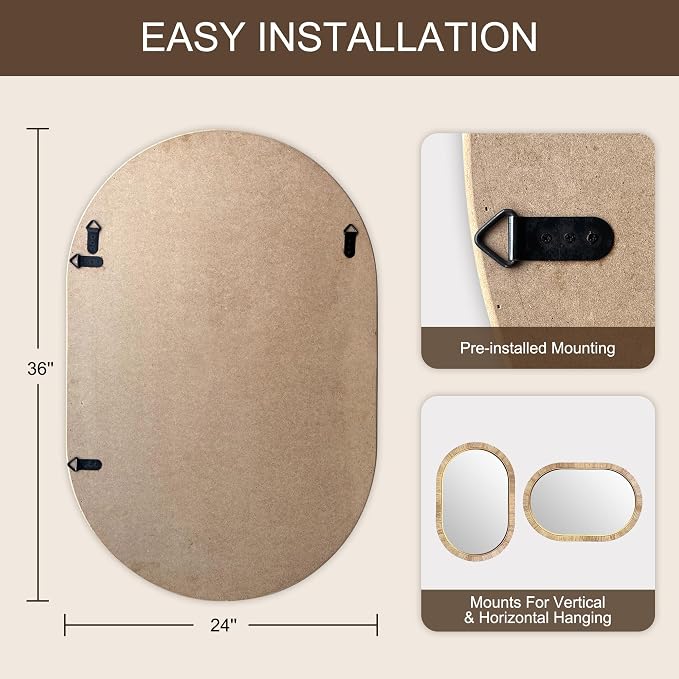 Decorative Rattan Wall Mirror, Boho Bathroom Modern Makeup, Rustic Wall Bohemia Mirrors for Bedroom, Living Room, Vanity Versatile Farmhouse, Nursery, Bathroom (Oval 36“x24”)