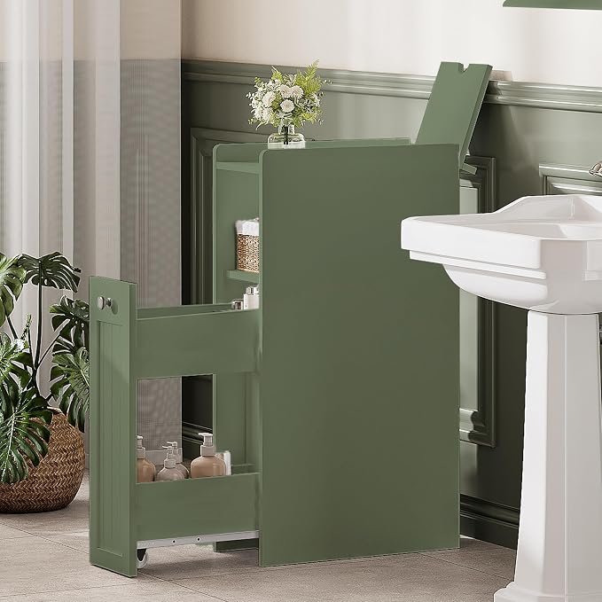 ChooChoo Slim Bathroom Storage Cabinet, Small Narrow Storage Organizer with Slide Out Drawers, Freestanding Toilet Paper Holder, Bathroom Cabinet for Small Places, Green