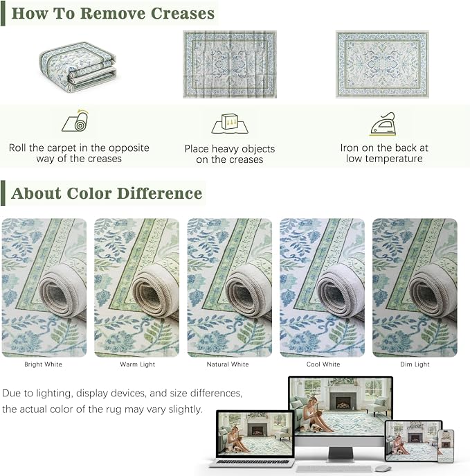 DCX Area Rug 5x5 Botanical Floral Washable Rugs in Green and Blue Soft Non Slip Low Pile Stain Resistant Round Carpet for High-Traffic Areas Bedroom Kitchen