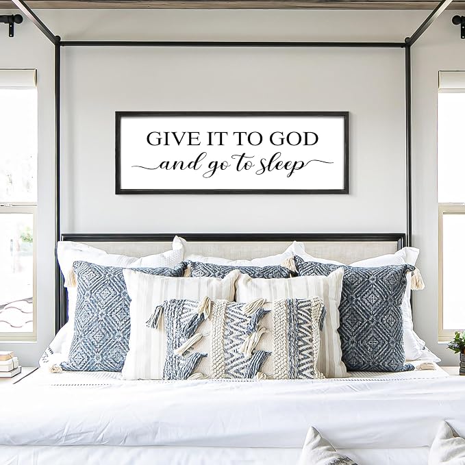 Give It to God and Go to Sleep Sign 42''×15'' Large Above Bed Wall Decor Farmhouse Bedroom Decor Wood Framed Guest Room Decor Wall Art Rustic Master Bedroom Wall Decoration (Black)