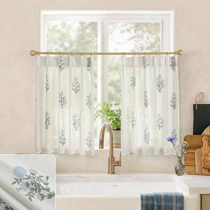Lino Rosa Floral Cafe Curtains for Kitchen, 36 Inch Length Pinch Pleat Linen Short Drapes for Small Window, Blue Sage Green White Spring Cottage Core Farmhouse Style Semi Sheer RV Camper Curtains