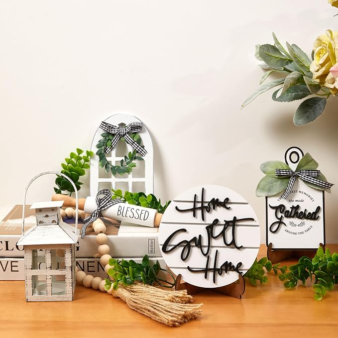 Houmury Set of 17 Farmhouse Tiered Tray with 1 Lantern Artificial Plant& Cutting Board Sign for Rustic Home Sweet Home Kitchen Decor Tier Tray Decor Set