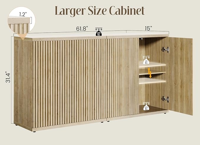 Fluted Buffet Cabinet Sideboard with Storage,Wooden Credenza with 2 Doors&Adjustable Shelve, Modern Accent Cabinets Coffee Bar Bookcase for Living Room,Kitchen Dining Room Entryway 15"D Natural Oak