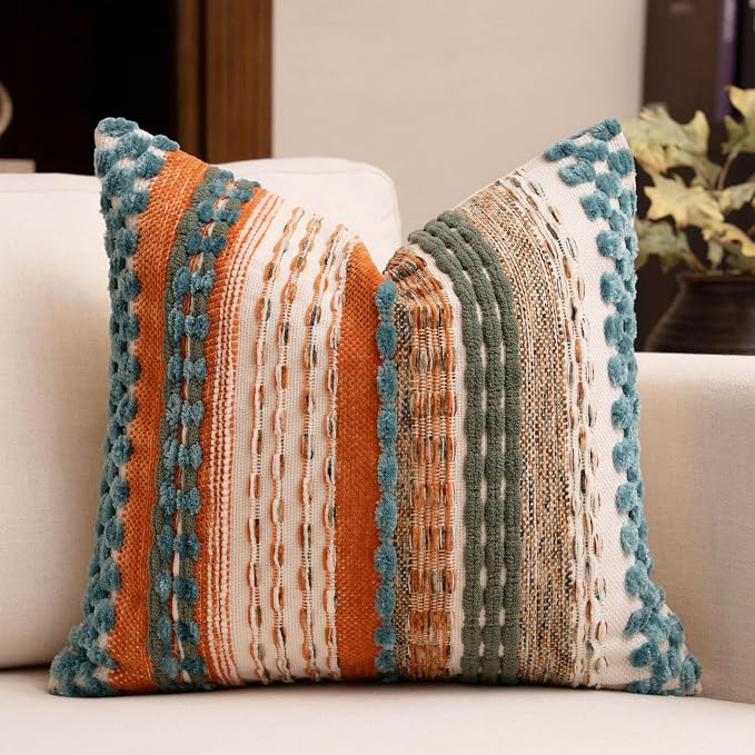 Boho Chenille Tufted Throw Pillow Covers 18x18 Inch Set of 2 Farmhouse Rust Teal Woven Striped Decorative Pillowcases for Couch Sofa Bed