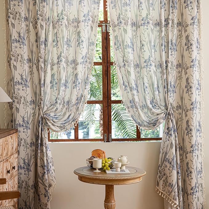 OYX Purple Floral 63 Inch Curtains for Bedroom, Semi Sheer Rod Pocket Vintage Boho Farmhouse Curtains, Light Filtering Short Window Panels 2 Piece Set for Living Room Kitchen