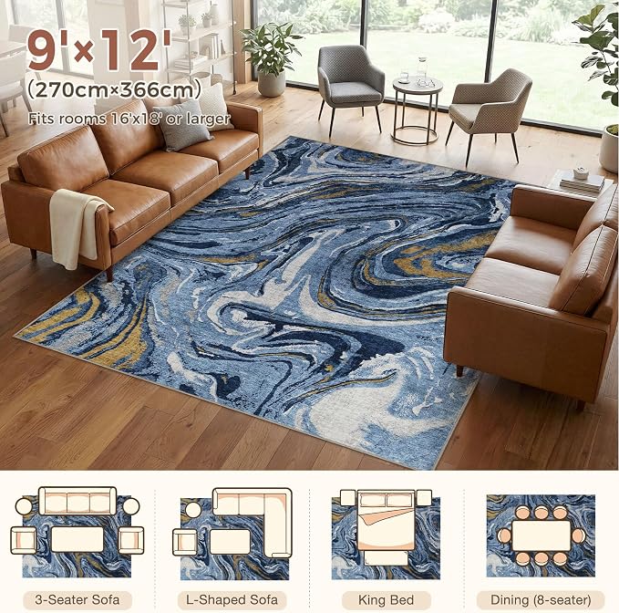 DMOYEST 9x12 Area Rug for Living Room - Washable Neutral Modern Abstract Rugs Soft Non-Slip Carpet Low Pile Indoor Floor Mat for Bedroom & Dining Room Decor for Families with Kids and Pets- Dark Blue