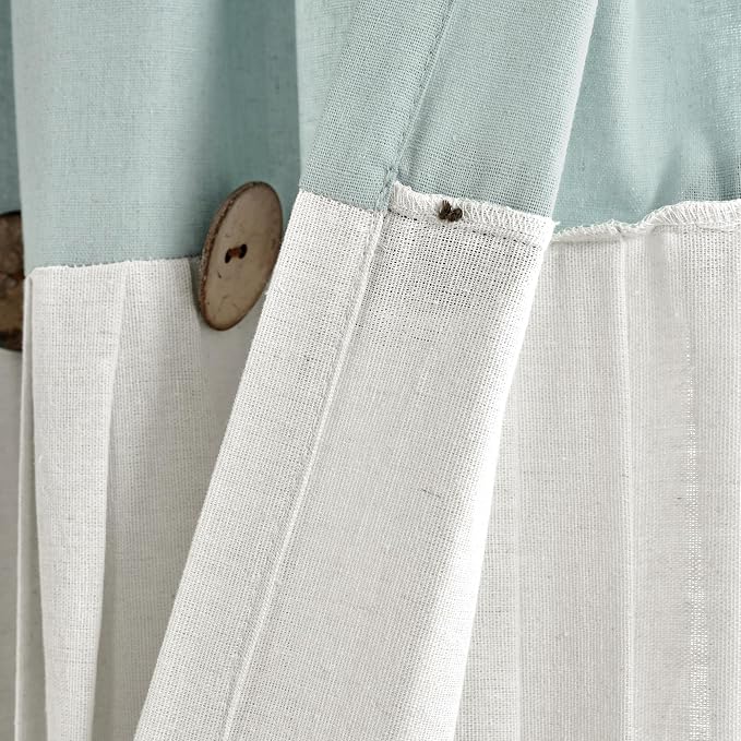 Lush Decor Linen Button Window Curtain Panel, Single, 40" W x 84" L, Blue & Off White- Country Curtains - Rustic Decor - Color Block - Modern Farmhouse Curtains