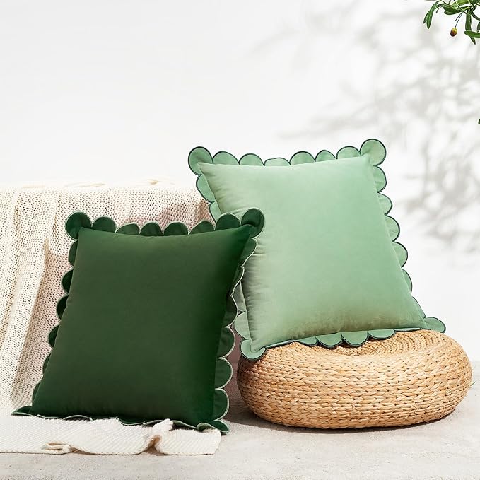 MONDAY MOOSE Decorative Throw Pillow Covers Cushion Cases, Set of 2 Soft Velvet Scalloped Round Edge Designs, Mix and Match for Home Decor, Pillow Inserts Not Included (16x16 inch, Green/Light Green)