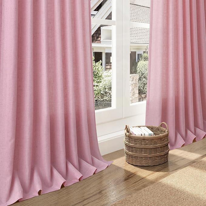 Nanspring Rose Linen Curtains 102 Inches Long 2 Panel Set Back Tab Rod Pocket Semi Sheer Light Filtering Burlap Style Extra Long High Window for Neutral Farmhouse Decor Curtains in Living Room 52x102