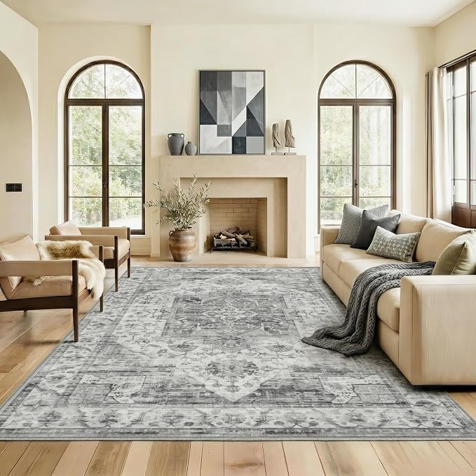 10x14 Area Rug for Living Room-Vintage Farmhouse Boho Floral Washable Stain Resistant Indoor Carpet for Bedroom Office and Home Decor(Black&Grey)