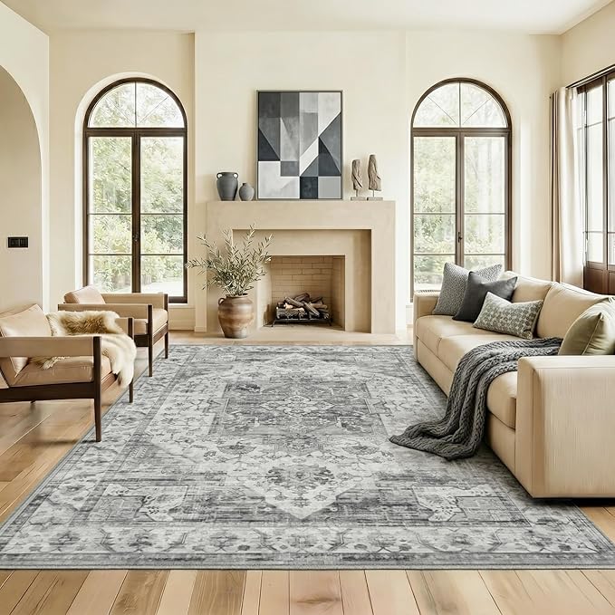 8x10 Area Rug for Living Room-Vintage Farmhouse Boho Floral Washable Stain Resistant Indoor Carpet for Bedroom Office and Home Decor(Black&Grey)