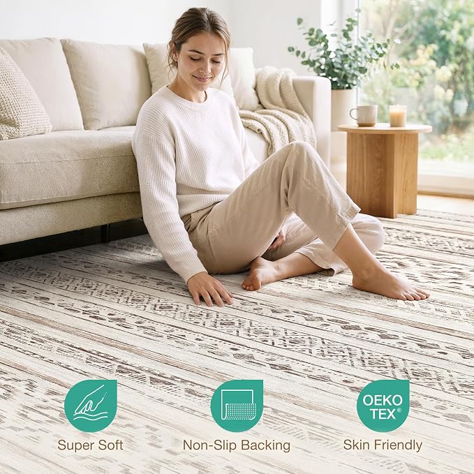 cotiled 5x7 Area Rugs Living Room Rug: Washable Boho Rugs with Non Slip Backing Large Soft Indoor Stain Resistant Carpet for Bedroom Farmhouse Dining Room Lightweight Home Decor Cream Brown