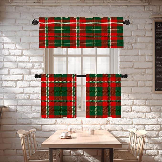 Shrahala Red Green Checkered Blackout Short Curtains for Windows,Red Green Black Yellow Check Plaid Kitchen Curtains Sets for Windows Thermal Insulated Bathroom Window Curtain 2 Pack 52 X 16 in