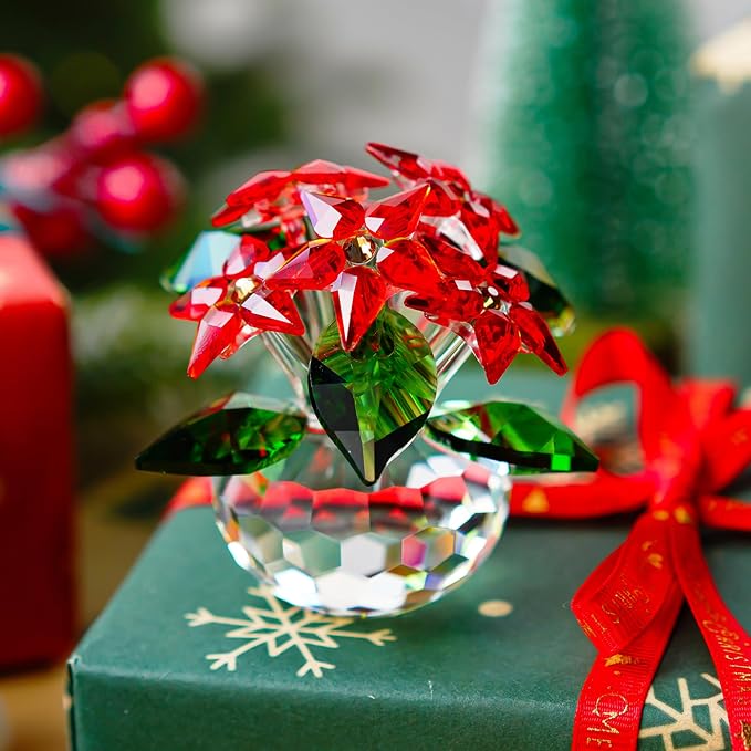 Red Crystal Poinsettia Flower Figurine Christmas Table Centerpiece Decor | Glass Craft with 6 Blooms Tabletop Centerpiece Home Office Party Decor Collectible Gift for Women Mom