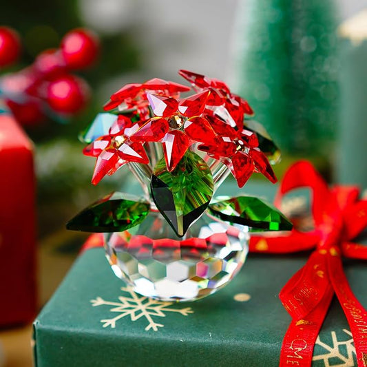Red Crystal Poinsettia Flower Figurine Christmas Table Centerpiece Decor | Glass Craft with 6 Blooms Tabletop Centerpiece Home Office Party Decor Collectible Gift for Women Mom