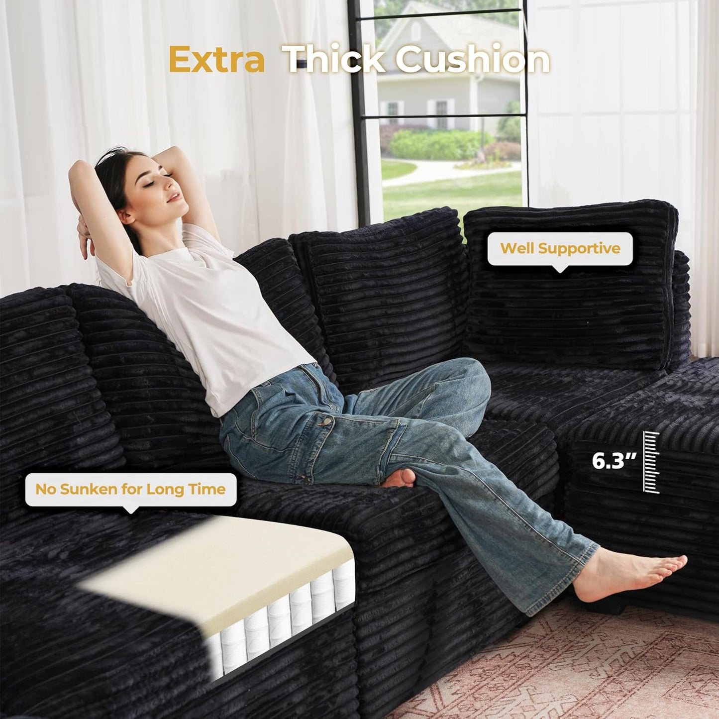 HOOOWOOO Modular Sectional Sofa,8 Pieces Sectional Couches for Living Room,164X66 L Shaped Cloud Couch with Ottoman Chaise Set(Black Velvet Corduroy)