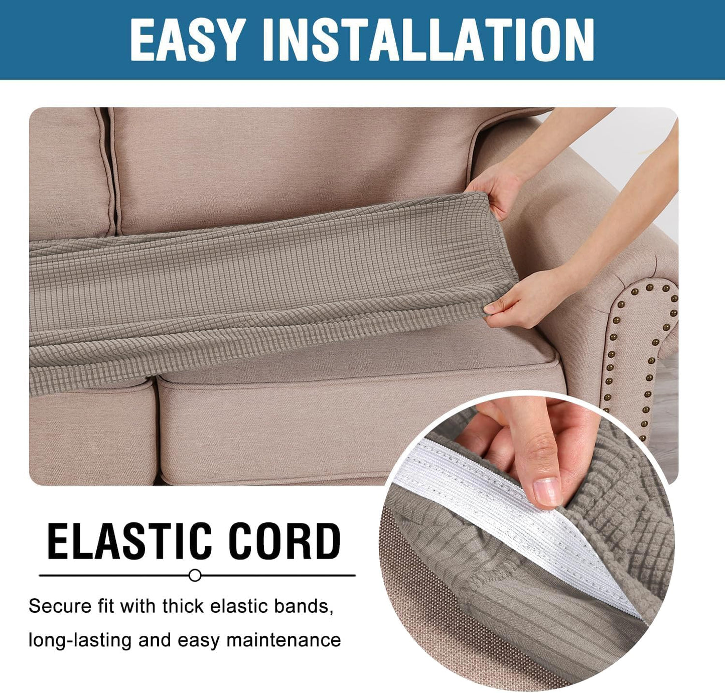 H.VERSAILTEX Super Stretch Individual Seat Cushion Covers - Sofa & Couch Cushion Slipcover Sets - Thick Jacquard Textured Twill Fabric (3 Piece XL Sofa Cushion Covers, Taupe)