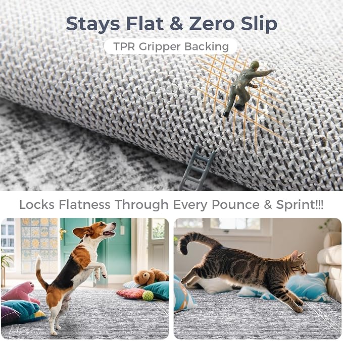 OPPODREAM Vintage Grey Round Rug 4ft, 4 ft Retro Washable Circle Rug Non Slip, Low-Pile Faux Wool Circular Carpet, Distressed Gray Floor Mat for Living Room, Bedroom, Office, Dorm, Dinning Room