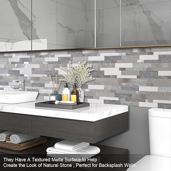 BeNice Backsplash Peel and Stick Wall Tiles for Kitchen,Subway Self Adhesive Linear Mosaic Stickers Bathroom Waterproof(10 Sheets, Rustic Gray)
