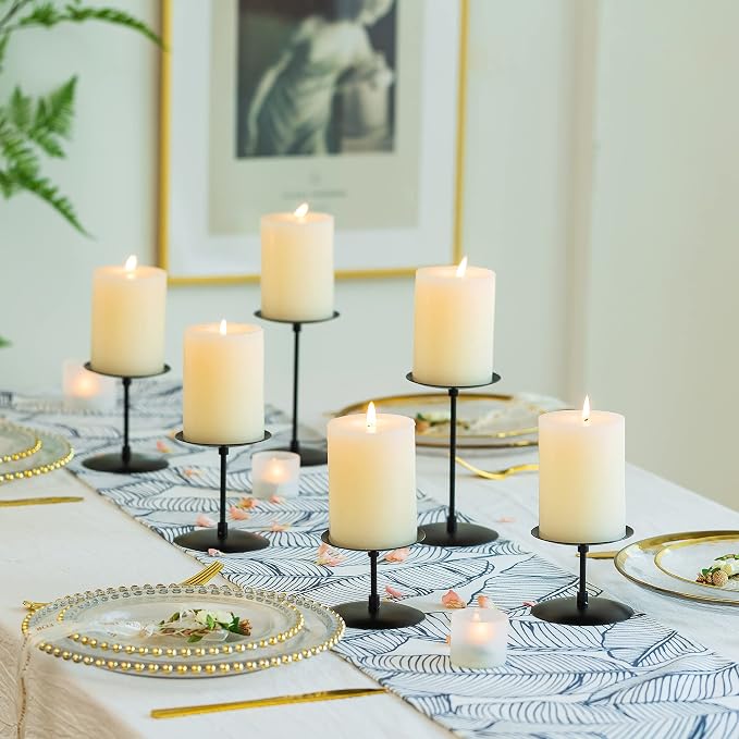 Pillar Candle Holders Candle Plates - Set of 6 Candelabra Candle Stand Iron Plate Minimalism Modern Home Mantel Dinning Table Halloween Decorations Centerpiece for Wedding, Party, Events, Black | Set of 6 Candle Stands in 2.4", 4", 5.8" Height; Minimal...